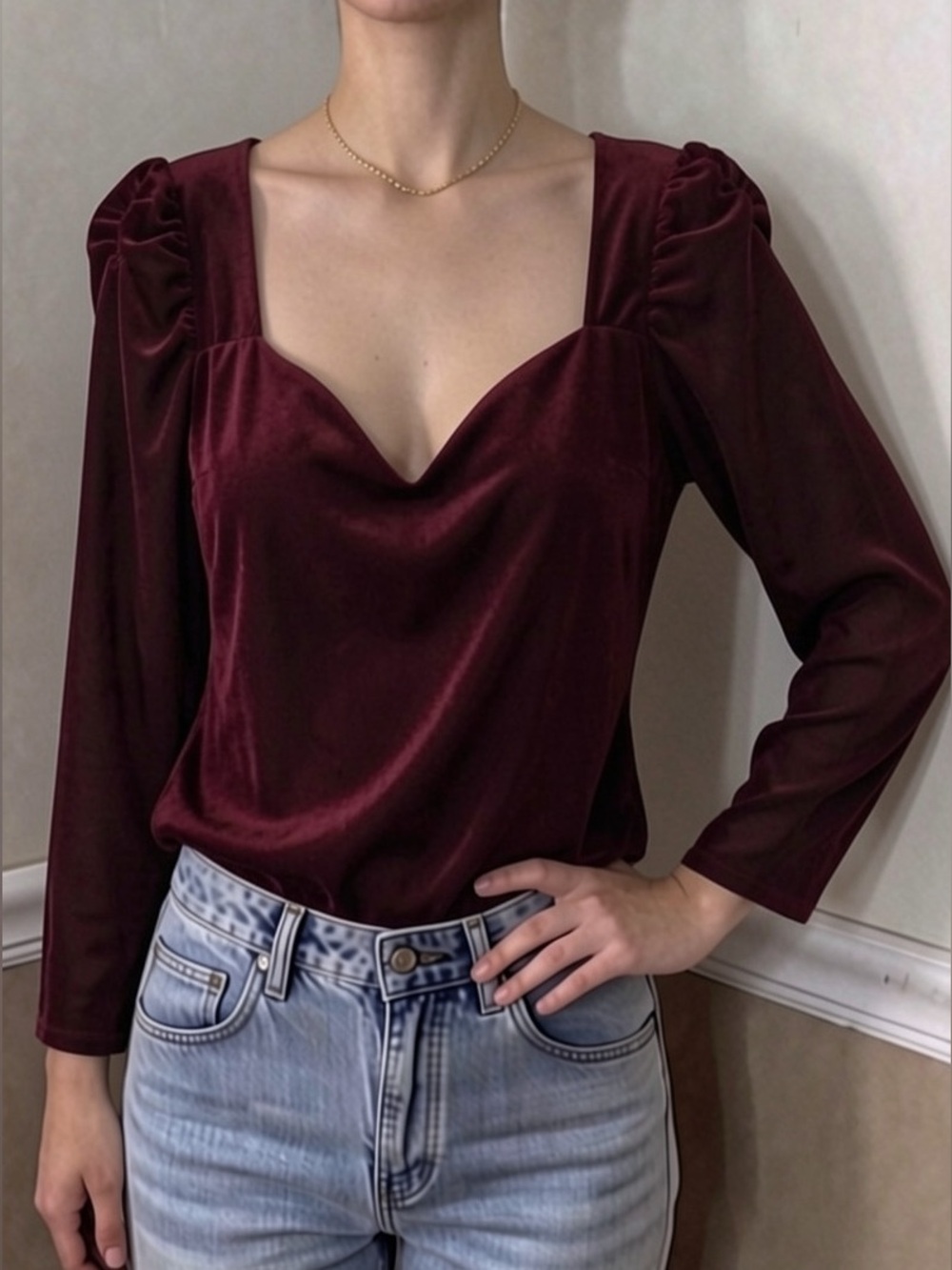 ❤️ 5 for $20! Charlotte Russe Burgundy Velvet Square Neck Long Sleeve Bodysuit